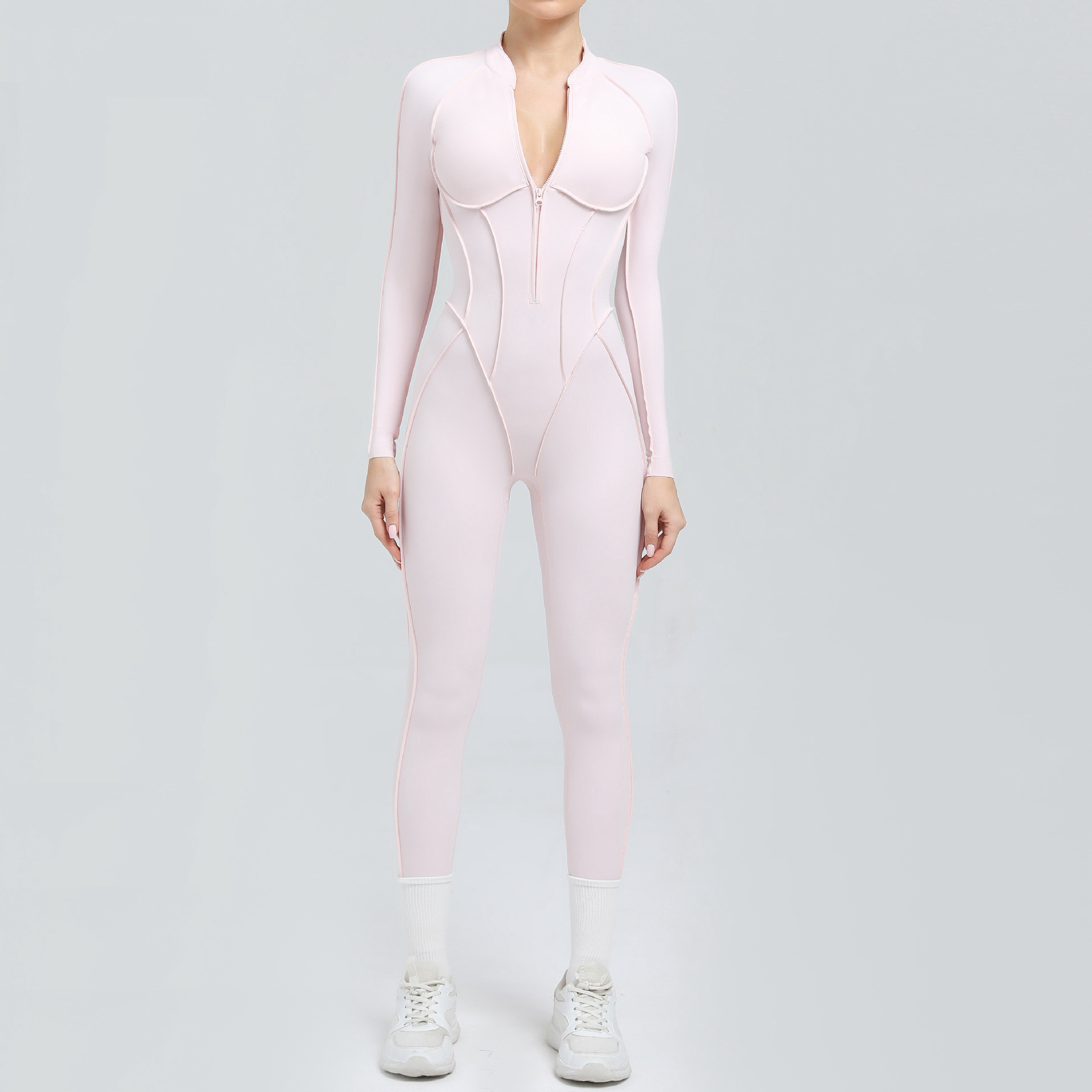 Long Sleeves Quick-Dry Four-Way Stretch Eco-Friendly Fitness One-Piece Patchwork Halter Neck V-Neck Yoga Jumpsuit