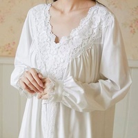 Chemise de nuit en dentelle pour femme, col en V, manches longues bouffantes, poignets à volants, robe de nuit ample vintage pour femme, tenue d'intérieur