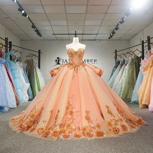 Vestido de Quinceañera de Lujo Dy6934, Sin Tirantes, Color Naranja, de Gasa, con Apliques Florales 3D y Lentejuelas, para Fiesta de Princesa o Baile de Graduación - Product Image 3