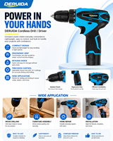 DERUIDA Perceuse-visseuse électrique sans fil 12V haute puissance, personnalisable OEM, portable, avec kit de tournevis et perceuse à colonne