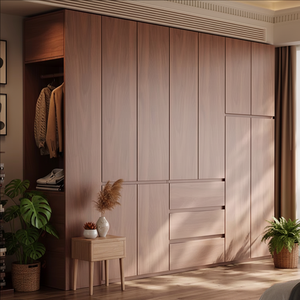 Armoire intégrée personnalisable en <span class=keywords><strong>bois</strong></span> composite couleur noyer avec plusieurs compartiments à tiroirs pour chambre à coucher - Product Image 1