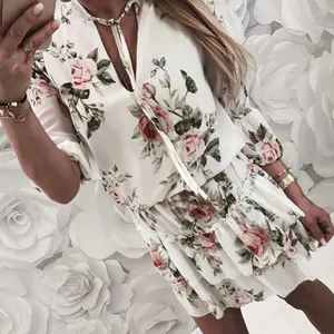 Spring Summer Autumn Fashion Print Frock With Flounces And Mid-sleeve