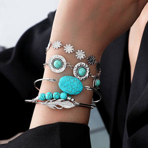 European and American New Combination <b>Bracelet</b> Vintage Ethnic Turquoise Feather <b>Flower</b> 5-Piece Set <b>Bracelet</b> <b>Bracelet</b> Wholesale - Product Image 1