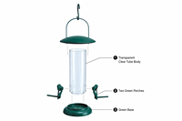 Mangeoire à oiseaux compacte en tube avec poignée de suspension, plusieurs ports pour graines, perchoirs, design antique, écologique, pour la décoration de patio, jardin et cour