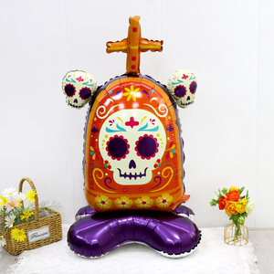 Globo de Aluminio <span class=keywords><strong>con</strong></span> Diseño de Calavera de Azúcar y Flores Coloridas para Fiesta del Día de Muertos, Decoración Temática para Altar - Product Image 2