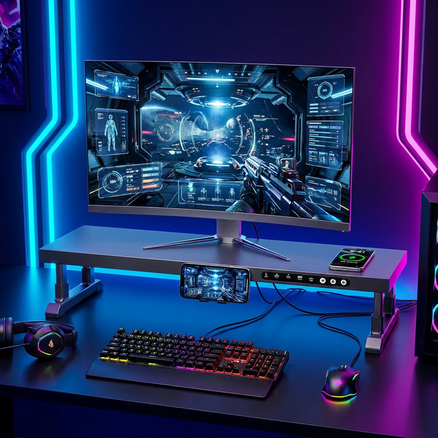 Motorized Monitor Riser with Smooth Electric Height Adjustment and Integrated Qi Wireless Charging Pad for Ergonomic Neck Relief