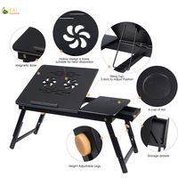 Plateau de bureau pour ordinateur portable en bambou, table de lit pour petit-déjeuner, réglable et pliable avec pieds rabattables et tiroir, noir