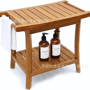 Tabouret de salle de bain en teck avec étagère pour rangement sous la douche et porte-serviettes, banc en bois multifonctionnel - Product Image 1