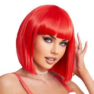 Peluca corta con <span class=keywords><strong>flequillo</strong></span>, sintética, recta, negra, resistente al calor, hecha a máquina, para mujeres, uso diario y para fiestas. - Product Image 5