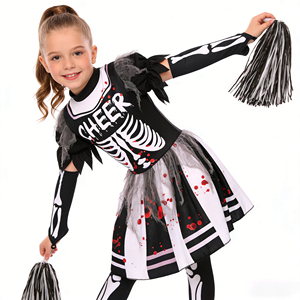 Disfraz de Halloween para Niñas, Disfraz de <span class=keywords><strong>Animadora</strong></span> Zombi, Estampado de Huesos de Esqueleto y Sangre, con Pompones para Niñas - Product Image 5