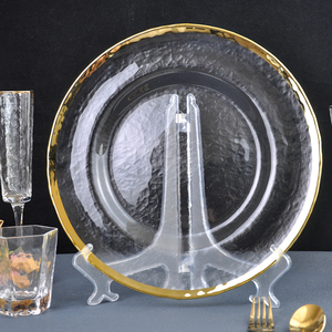 <span class=keywords><strong>Sottopiatti</strong></span> in Vetro con Bordo Dorato e Texture Martellata, Piatto Base Trasparente per Matrimoni, Feste, Casa, Hotel, Decorazione Tavola - Product Image 2