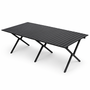 Grande <span class=keywords><strong>table</strong></span> pliante de <span class=keywords><strong>camping</strong></span> et de pique-nique en fer noir à lattes avec base en X et sac de transport - Durable, empilable, portable - Product Image 1