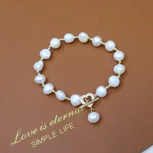 18K banhado a ouro OT Heart Button jóias 8-9 MM Freshwater White pearl bracelet para as mulheres
