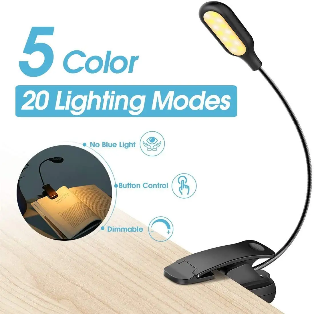 LOHAS Lampe de lecture rechargeable USB pour la protection des yeux Lampe de lecture à clip LED 14 LED 20 modes Lampe de lecture pour le voyage et le camping