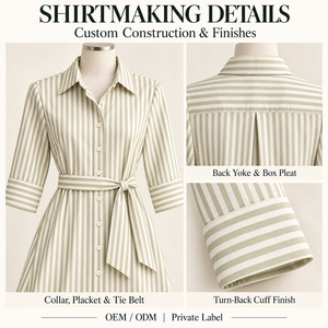 Abito Midi da Donna Personalizzato OEM <span class=keywords><strong>Ecru</strong></span> Moss Chalkstripe con Bottoni Frontali, Cintura e Risvolto, Stile Camicia, per Pendolari, Private Label - Product Image 6