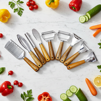 Ensemble d'ustensiles de cuisine manuels en acier inoxydable avec manche en bois, comprenant un râpeur à gingembre, un zester à ail et un éplucheur - Lavable au lave-vaisselle
