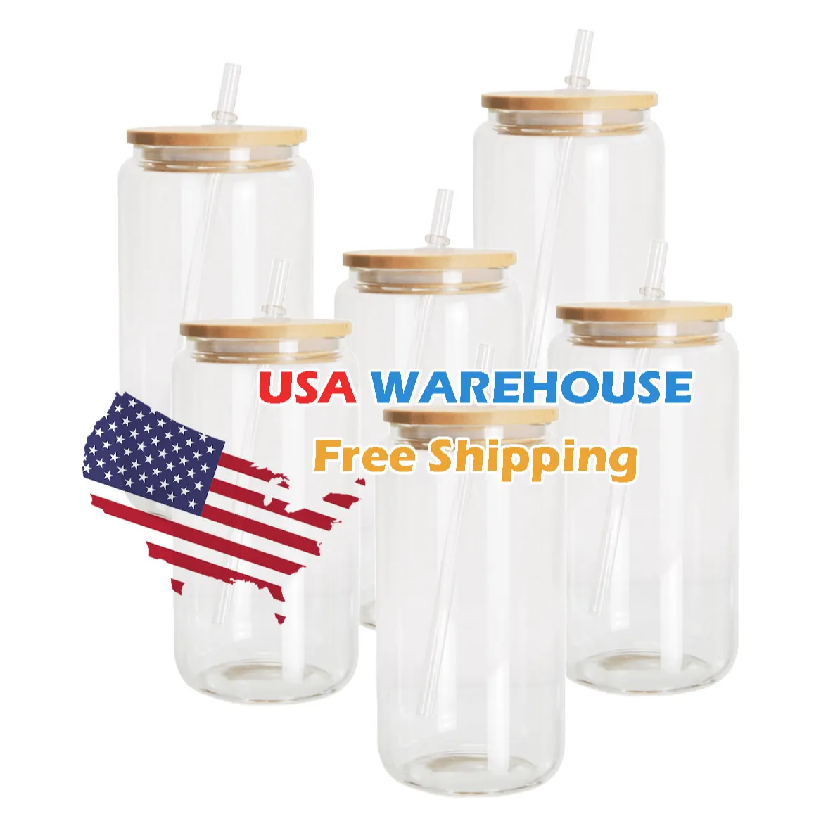 USA Warehouse 12oz 16oz DIY blank sublimation Can Shaped Beer Glass Cups with bamboo lid and straw beer can glass for iced coke