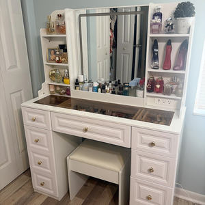 Tocador Blanco con Espejo y Luces Integradas, Juego <span class=keywords><strong>de</strong></span> Tocador con 9 Cajones y Enchufe, Mesa <span class=keywords><strong>de</strong></span> <span class=keywords><strong>Maquillaje</strong></span> y Silla - Product Image 1