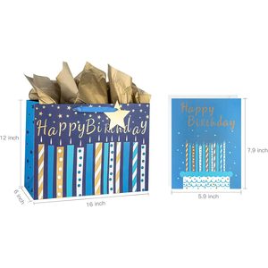 Birthday Gift <b>Bag</b> With Card And Tissue Paper Blue Gold Foil Candle Design 16 Inch Large Size For Birthday Celebration - Product Image 6