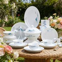 Jingdezhen 58-teiliges Weißes Jade-Ton Keramik-Geschirrset, Grünes Berglandschaftsmuster
