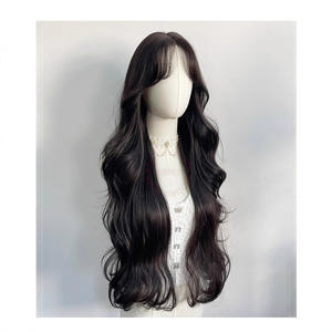 Peluca Larga Rizada de Marca Nacional, Color Marrón Oscuro, Fibra Kanekalon, Línea de Cabello Natural, Encaje Transparente, Estilo Ondulado Completo - Product Image 2