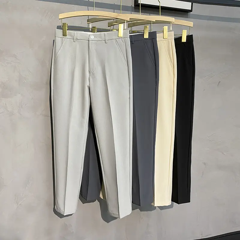 Pantalon de costume d'affaires pour hommes haut sens tenue décontractée sans repassage jambe droite lâche affaissement taille moyenne fermeture éclair mouche fil teint avant Style