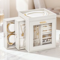 Boîte à bijoux rectangulaire de luxe légère en cuir, rotative à 360°, avec tiroirs, organisateur anti-poussière pour colliers et boucles d'oreilles