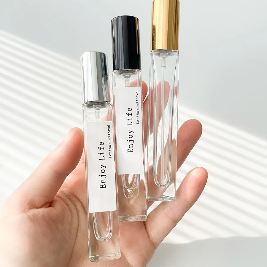 Botella vacía de cristal transparente para Perfume, rociador de vidrio personalizado de 10ml, color negro y plateado, probador de Perfume, venta al por mayor