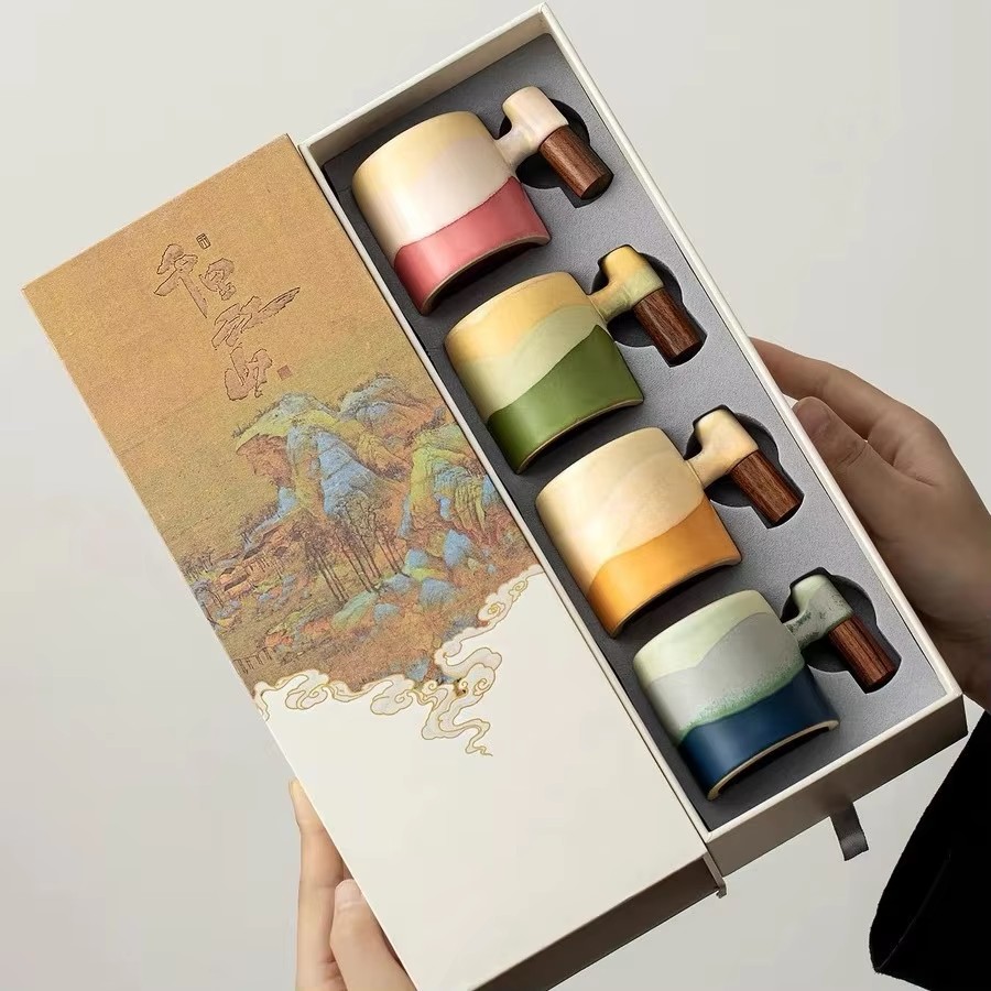 Four-color small wooden teacup gift box