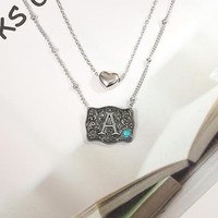 Gelang & Kalung Rantai Turquoise Lucu dengan Gesper & Liontin Desain Sapi Barat Huruf Awal A-Z dari Paduan Tembaga