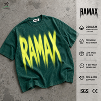 T-shirt Vert RAMAX 250 g/m² Épais avec Logo Peint au Spray, Style Vintage Streetwear pour Homme, Lavage Acide, Fabrication OEM, MOQ 50 pièces