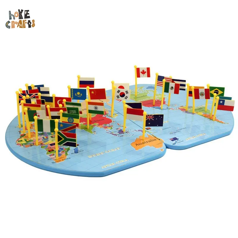 सही बच्चों उपहार विस्तृत Cartography खिलौने लकड़ी के विश्व मानचित्र लोकप्रिय मानचित्र विश्व झंडे के साथ