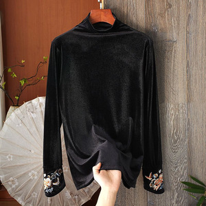 Velvet Turtleneck Long Sleeve <b>Top</b> Women Embroidered <b>Patchwork</b> Soft Base Layer Autumn Winter Fashion Shirt Black Red Purple - Product Image 4