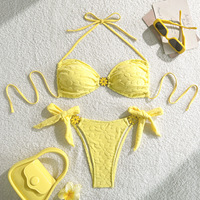 Ensemble bikini Y2K texturé à motifs floraux, haut triangle à nouer style halter, nœud latéral, maillot de bain coupe haute pour femme, décor marguerite, tenue de plage