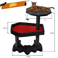 Arbre à chat moderne en bois de style gothique pour Halloween, avec base stable en forme de chauve-souris, plateforme de saut toile d'araignée et nid cercueil extra large en carton