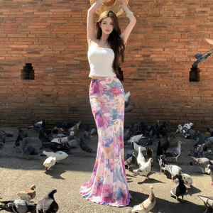 Jupe longue maxi en maille à imprimé floral coloré pour femme, taille basse, coupe sirène, légère et élégante, idéale pour les vacances d'été - Product Image 2