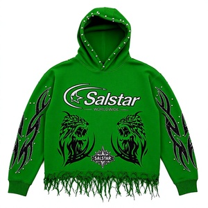 Sweat-shirt à capuche personnalisé vert vieilli avec strass pour homme, style streetwear, logo personnalisé, impression graphique et manches ornées - Product Image 1