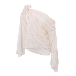 Blusas <span class=keywords><strong>de</strong></span> Manga Larga con un Hombro Descubierto para Mujer, Blusa <span class=keywords><strong>de</strong></span> Verano <span class=keywords><strong>de</strong></span> Gasa Plisada con Apliques <span class=keywords><strong>de</strong></span> <span class=keywords><strong>Flores</strong></span>, Top Corto Transparente Sexy 2687 - Product Image 6