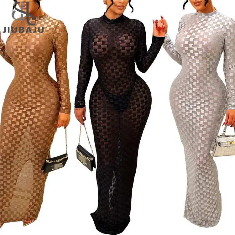 Mujeres malla ver a través de manga larga Sexy Bodycon Maxi vestido de graduación ropa de mujer noche cumpleaños elegante vestido de fiesta