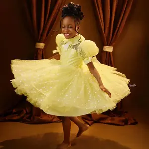 <span class=keywords><strong>Chic</strong></span> jaune fleur fille robes col haut à manches courtes princesse Tulle petites filles fête d'anniversaire <span class=keywords><strong>robe</strong></span> de reconstitution historique - Product Image 4