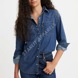 Camisas Vaqueras para Mujer, Casuales, Elegantes, Transpirables, de Verano, Bordadas, Tejidas, con Botones, Hombros Caídos, Ecológicas, Estilo Vintage - Product Image 1