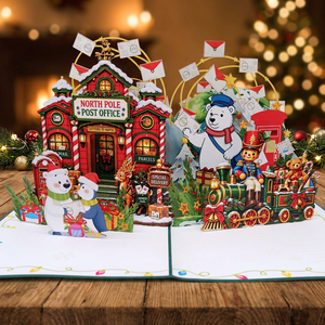 Tarjeta de Navidad 3D Pop-Up Hecha a Mano con Impresión Offset, Oficina Postal del Polo Norte y Tren de Osos Polares, Tarjeta de Felicitación Navideña - Product Image 1