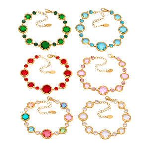 高品質18K金メッキステンレススチール製レディースチェーンリンクブレスレット、カラフルなガラスストーンのクラウン模様、完璧な贈り物 - Product Image 1