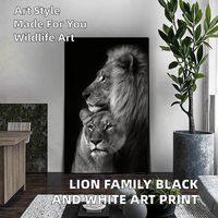 Impression sur toile Art Déco Lion Famille Noir et Blanc, Lionne, Roi des animaux, Savannah, Cadre en bois, Décoration murale pour salon et maison