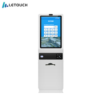 Kiosque en libre-service intérieur avec écran tactile, terminal de gestion des files d'attente, lecteur de code-barres, imprimante de tickets, scanner pour banque