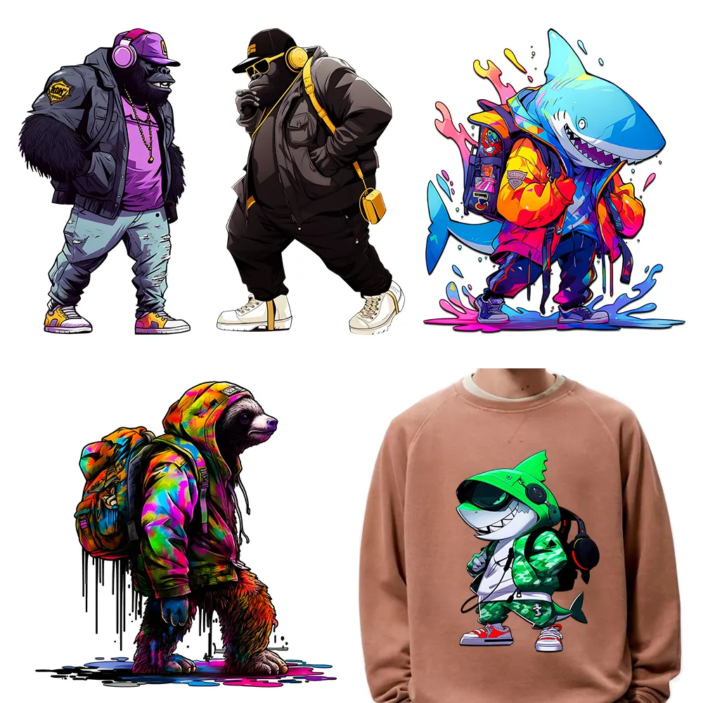 Hiphop Urban Street Sharks Plastisol Design Ijzer Op Dtf Cool Animal Transfer Printing Klaar Om Te Drukken Voor T-Shirts