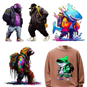 Hiphop Urban Street Sharks Plastisol Design Iron On DTF Cool Animal Transfer Printing Ready To Press For T-Shirts