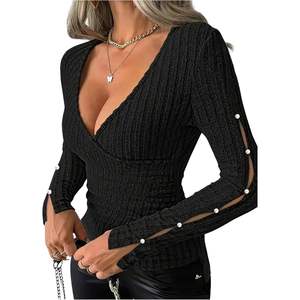 เสื้อถักคอวีแขนยาวทรงเข้ารูปสำหรับผู้หญิง แต่งกระดุมมุก สไตล์เซ็กซี่ เหมาะสำหรับใส่ไปเที่ยวคลับ - Product Image 1