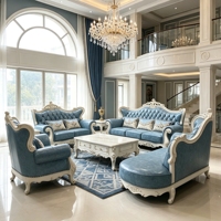 Europäisches Klassisches Geschnitztes Holzsofa-Set Blaues Echtleder Luxus-Villa Wohnzimmermöbel Heimsofa