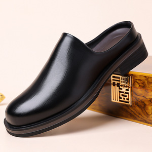 Zuecos de Cuero Genuino para Hombre, Punta Redonda, Suela de PU, Entresuela de EVA, Cómodos, a la Moda, para Todas las Temporadas, Color Sólido, Zapatos Sin Cordones - Product Image 1